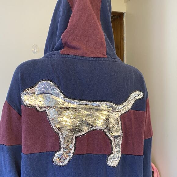 Victorias Secret Love Pink vintage y2k BLING Dog Logo ColorBlock hoodie Grunge M - Picture 10 of 11